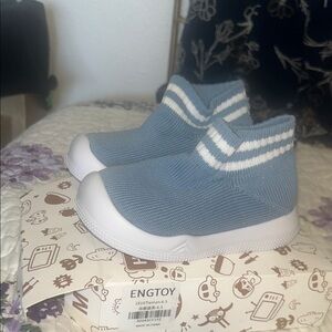 Kids Blue Knit Sock Sneakers with White Striped Collar